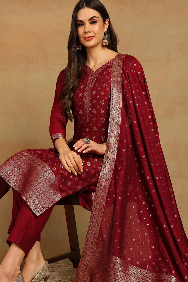 Red Poly Chanderi Woven Design Straight Suit Set | SHOBITAM