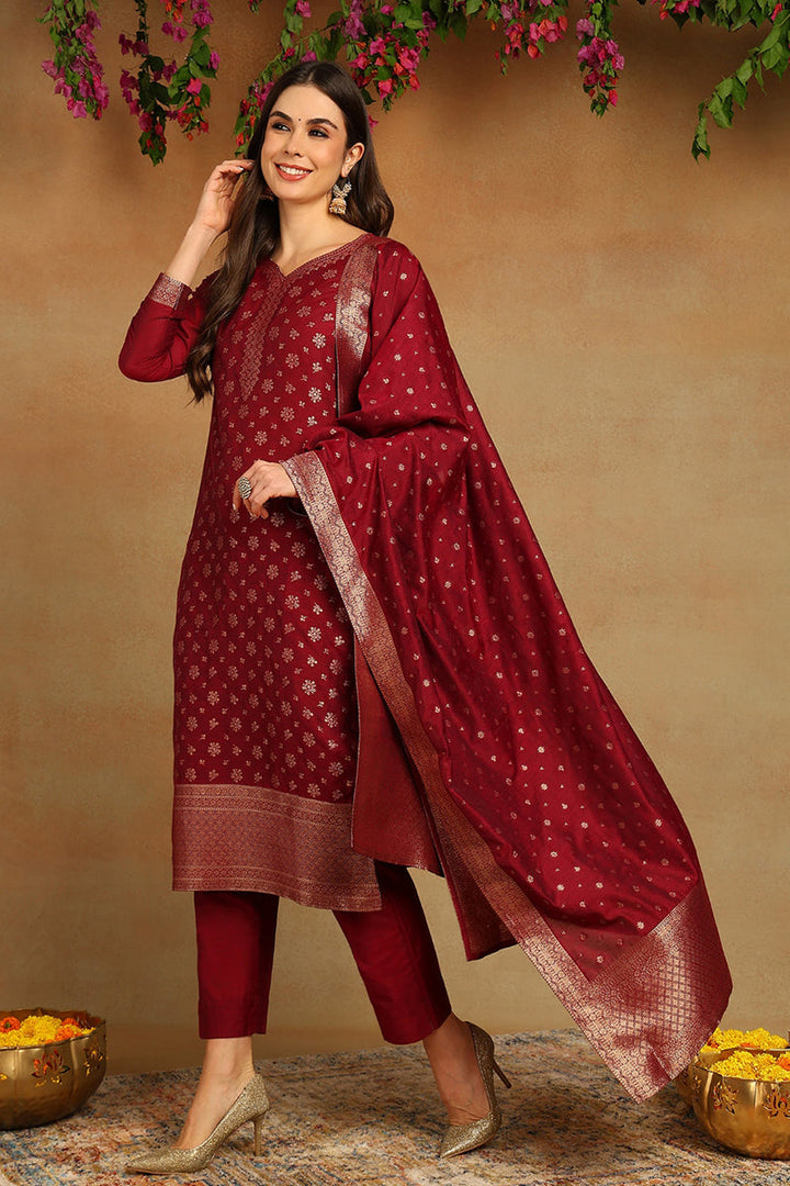Red Poly Chanderi Woven Design Straight Suit Set | SHOBITAM
