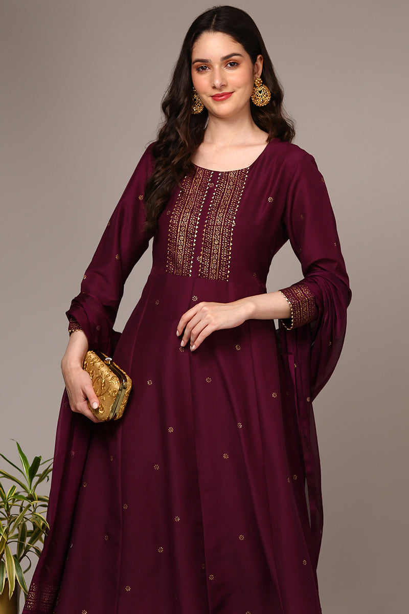 Burgundy Silk Blend Woven Design Flared Suit Set | SHOBITAM