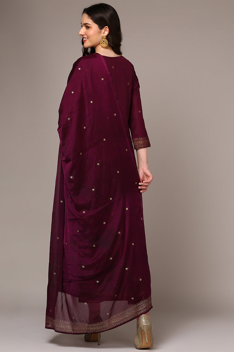 Burgundy Silk Blend Woven Design Flared Suit Set | SHOBITAM