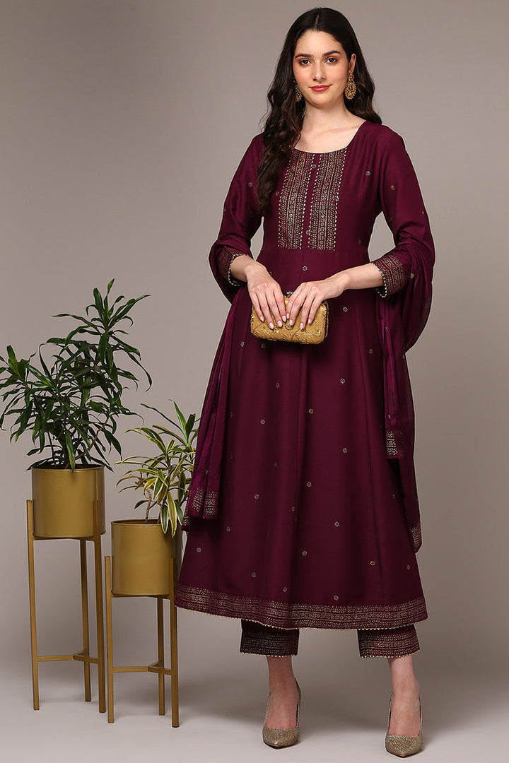 Burgundy Silk Blend Woven Design Flared Suit Set | SHOBITAM
