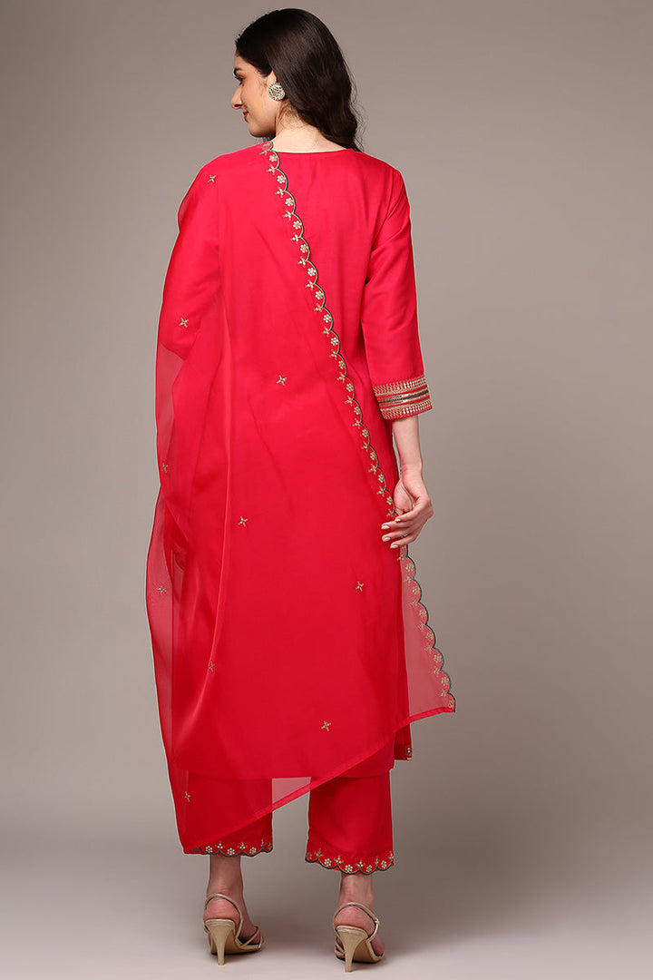 Pink Silk Blend Yoke Design Straight Suit Set | SHOBITAM
