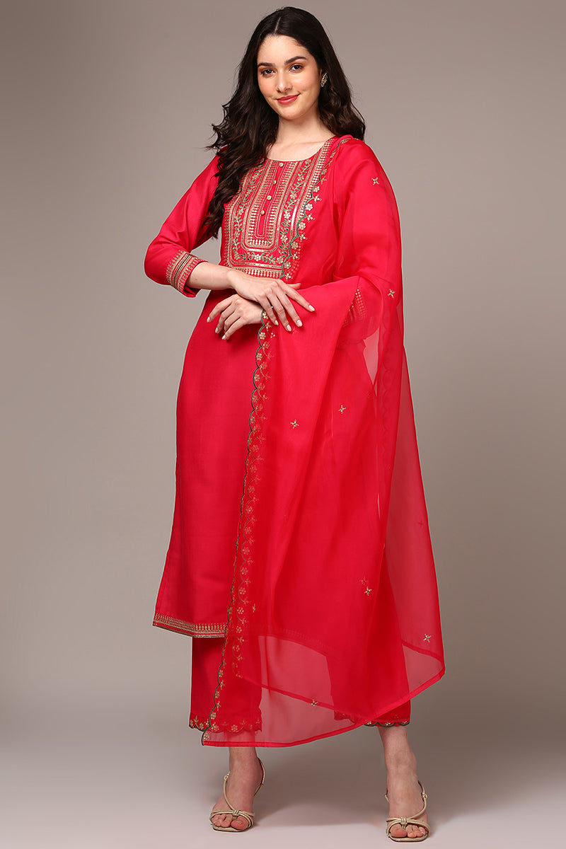 Pink Silk Blend Yoke Design Straight Suit Set | SHOBITAM