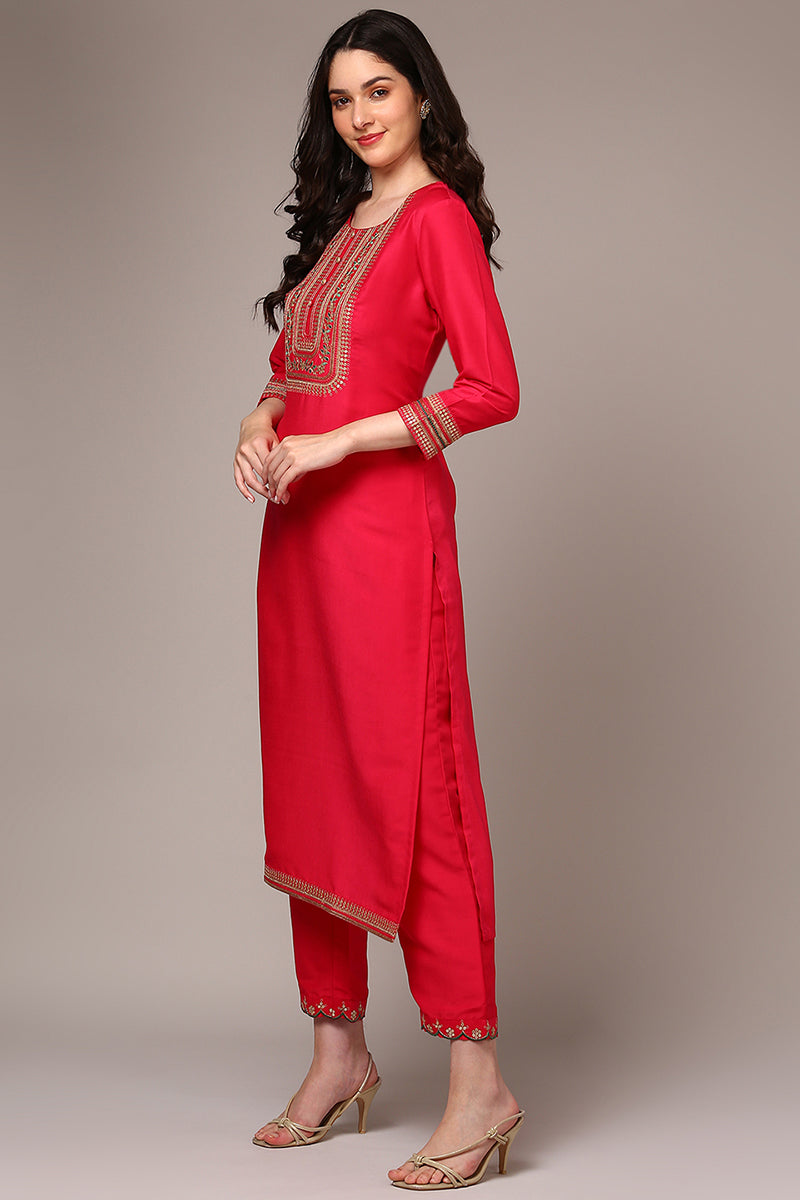 Pink Silk Blend Yoke Design Straight Suit Set | SHOBITAM