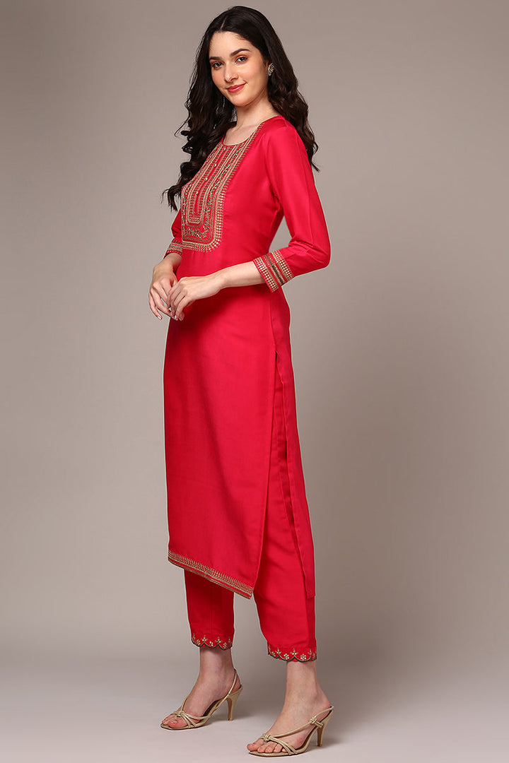 Pink Silk Blend Yoke Design Straight Suit Set | SHOBITAM