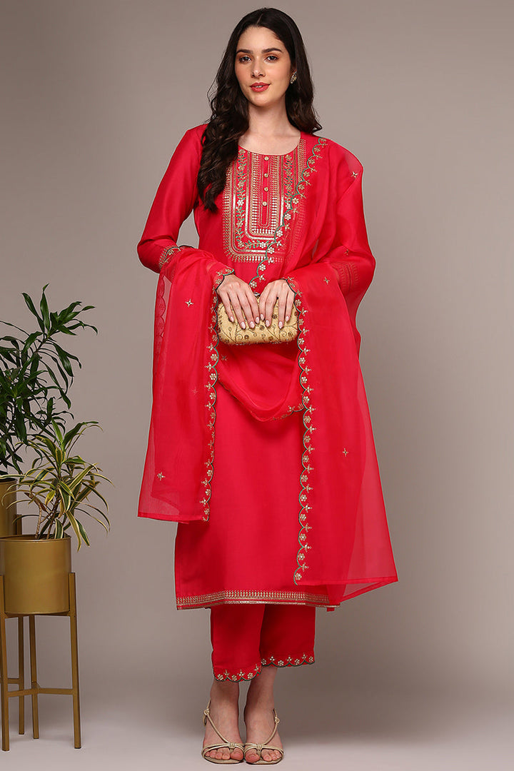 Pink Silk Blend Yoke Design Straight Suit Set | SHOBITAM