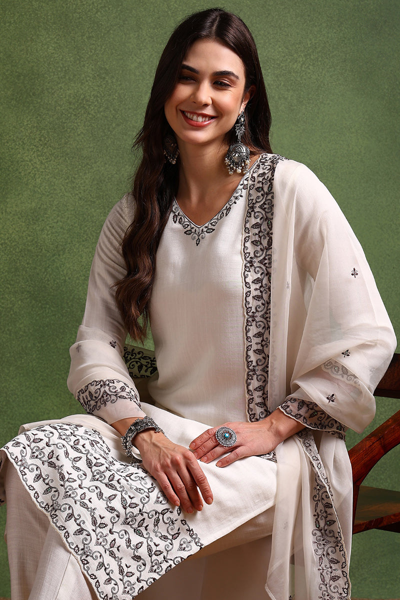 Off White Silk Blend Solid Embroidered Straight Suit Set | SHOBITAM
