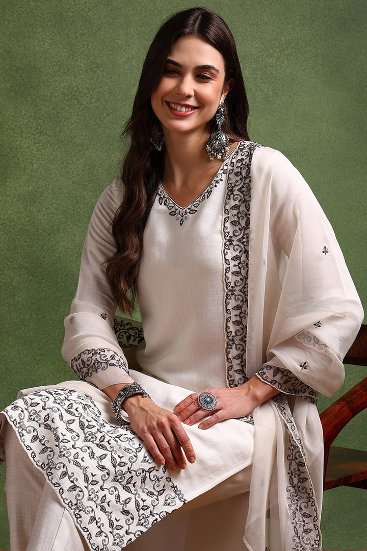 Off White Silk Blend Solid Embroidered Straight Suit Set | SHOBITAM