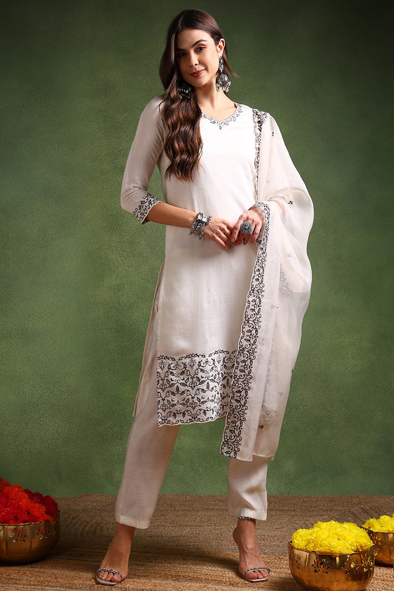 Off White Silk Blend Solid Embroidered Straight Suit Set | SHOBITAM