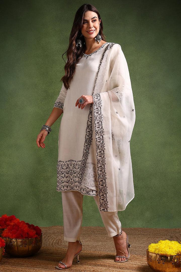 Off White Silk Blend Solid Embroidered Straight Suit Set | SHOBITAM