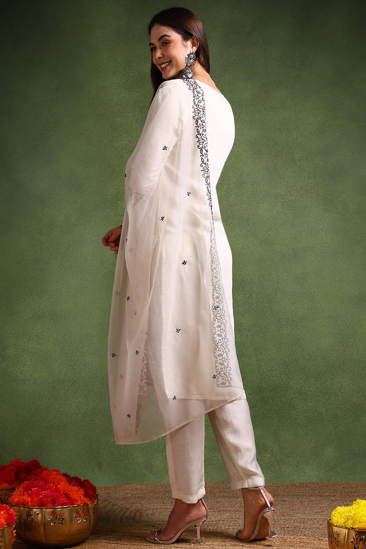Off White Silk Blend Solid Embroidered Straight Suit Set | SHOBITAM