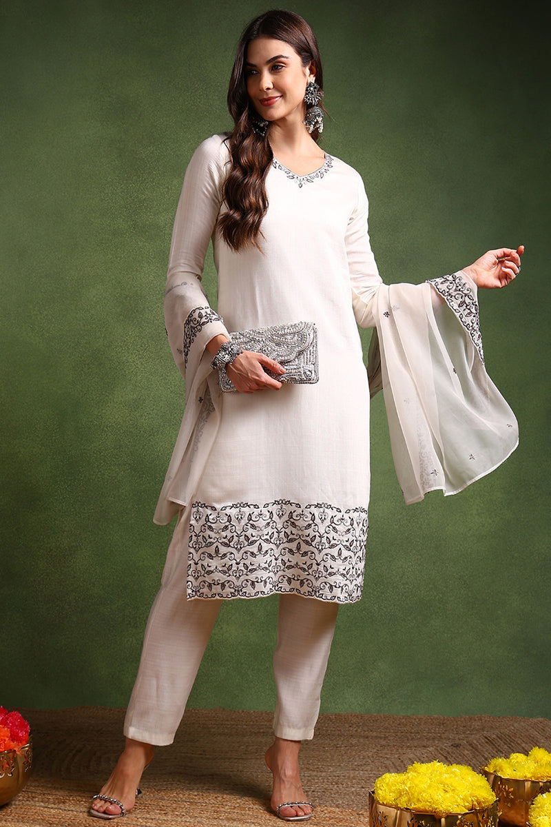 Off White Silk Blend Solid Embroidered Straight Suit Set | SHOBITAM