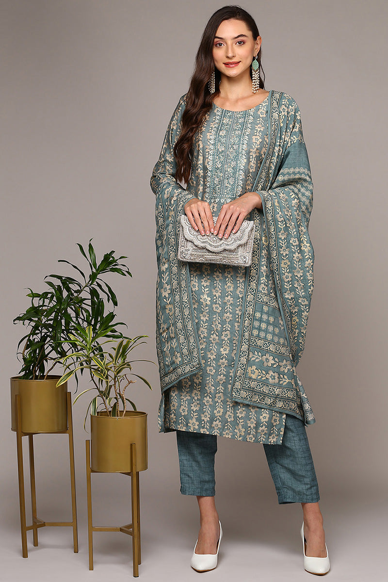 Grey Silk Blend Printed Straight Suit Set | SHOBITAM