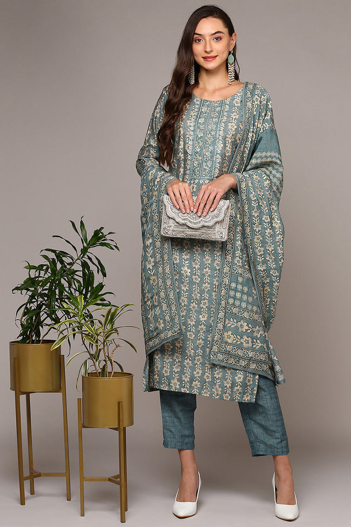 Grey Silk Blend Printed Straight Suit Set | SHOBITAM