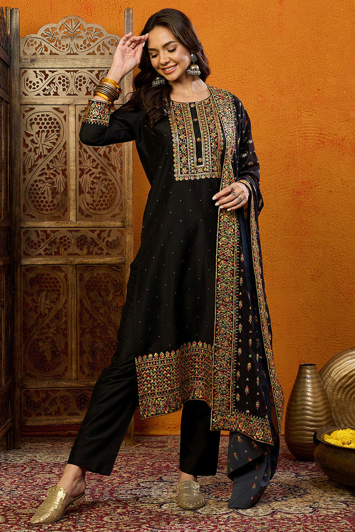 Black Silk Blend Solid Straight Suit Set | SHOBITAM