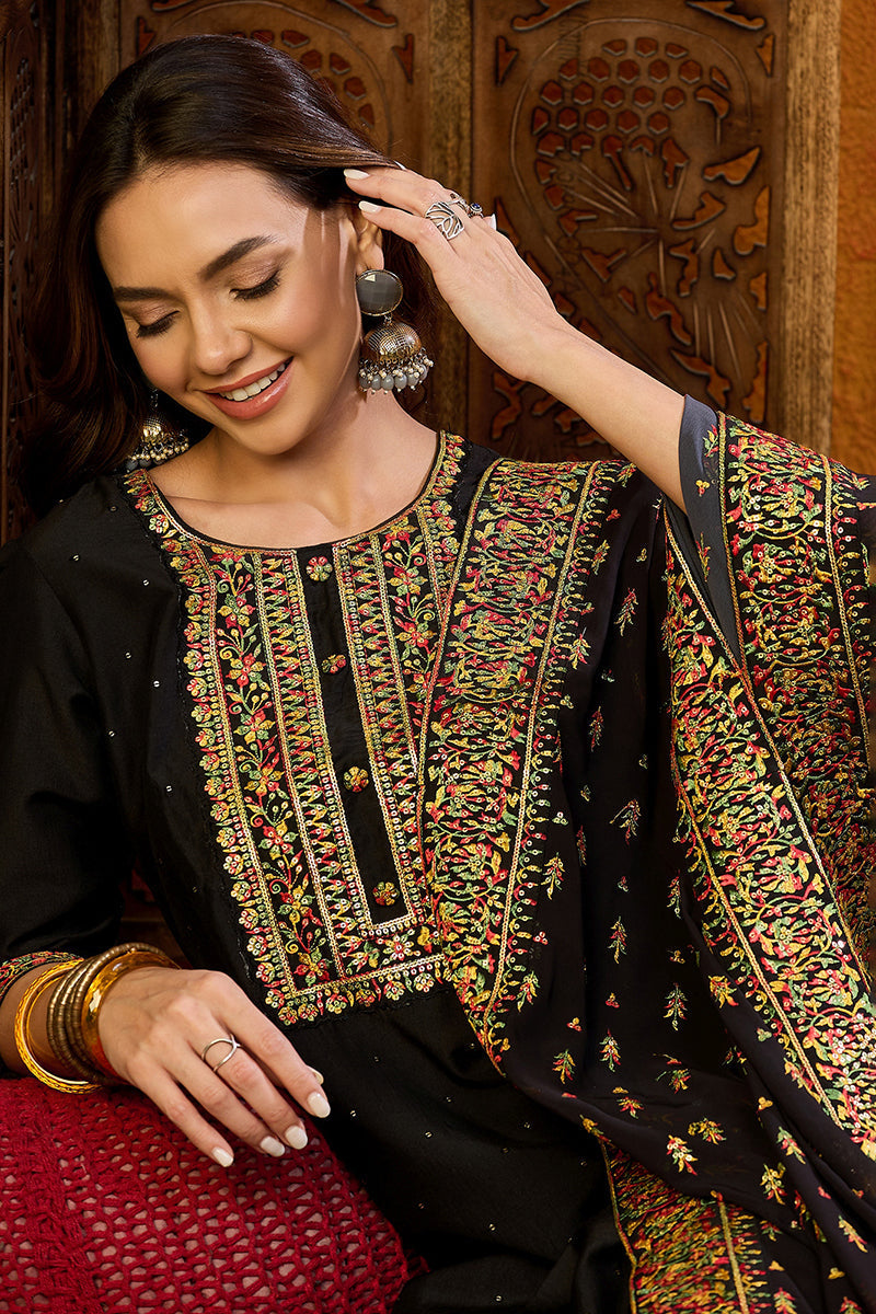 Black Silk Blend Solid Straight Suit Set | SHOBITAM