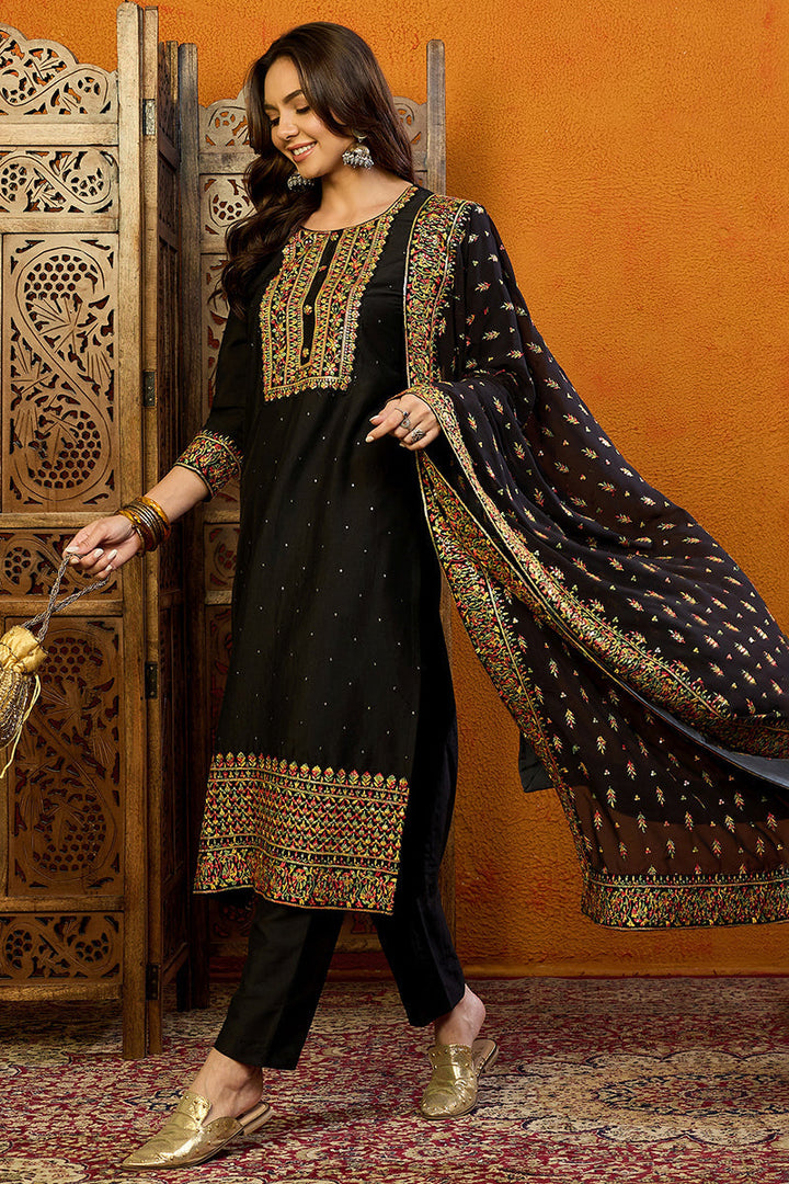 Black Silk Blend Solid Straight Suit Set | SHOBITAM