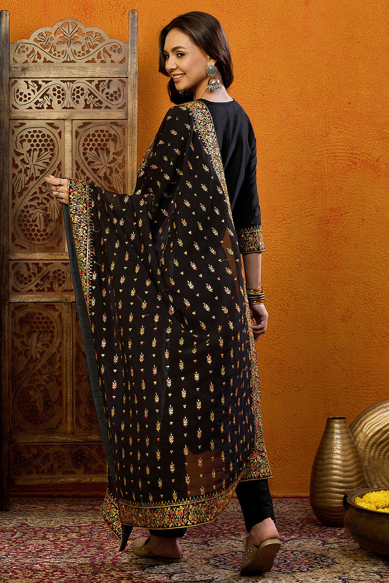 Black Silk Blend Solid Straight Suit Set | SHOBITAM