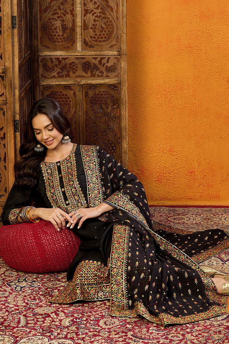 Black Silk Blend Solid Straight Suit Set | SHOBITAM