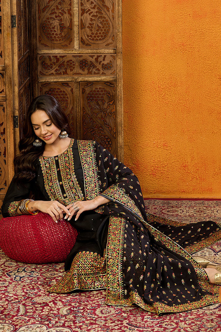 Black Silk Blend Solid Straight Suit Set | SHOBITAM