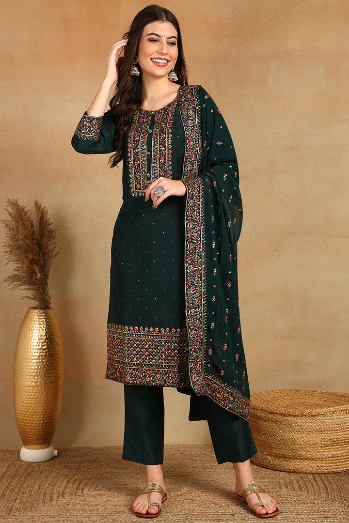 Green Silk Blend Solid Straight Suit Set | SHOBITAM