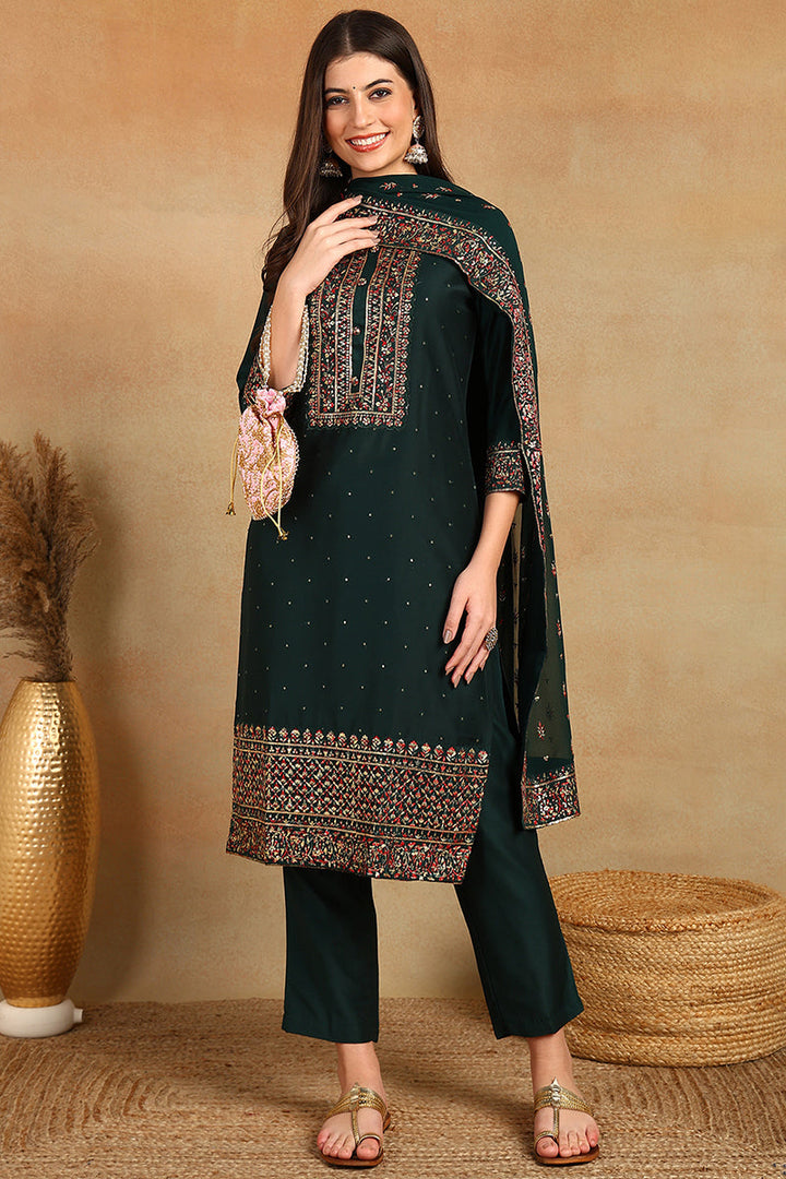 Green Silk Blend Solid Straight Suit Set | SHOBITAM