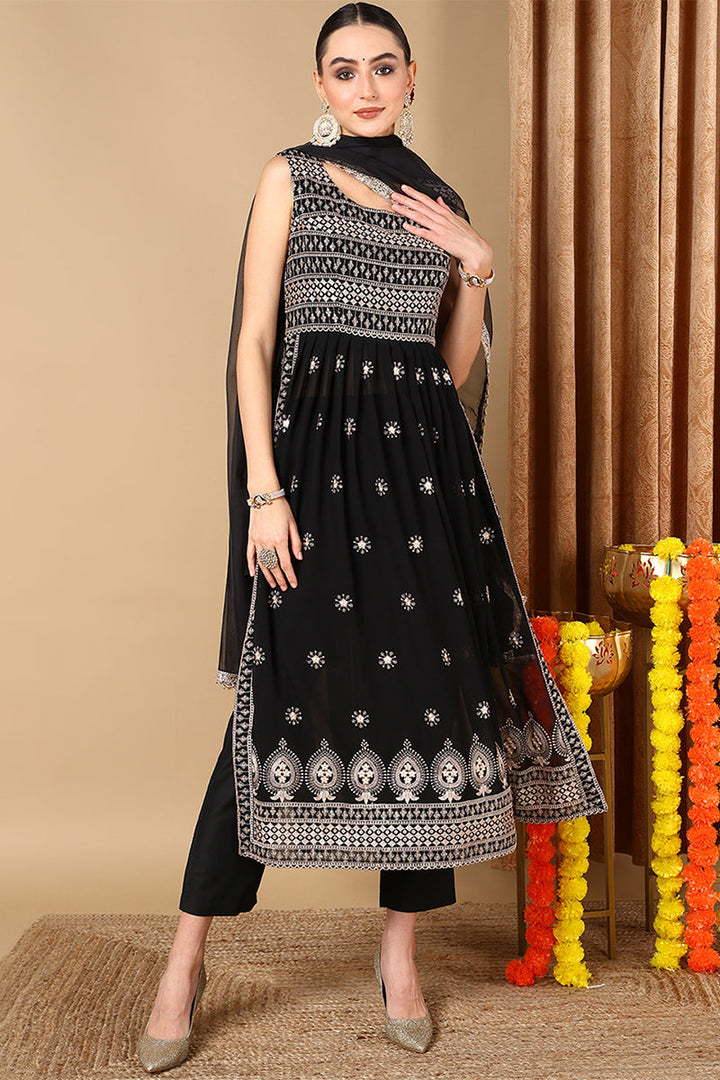 Black Poly Georgette Embroidered Straight Suit Set | SHOBITAM