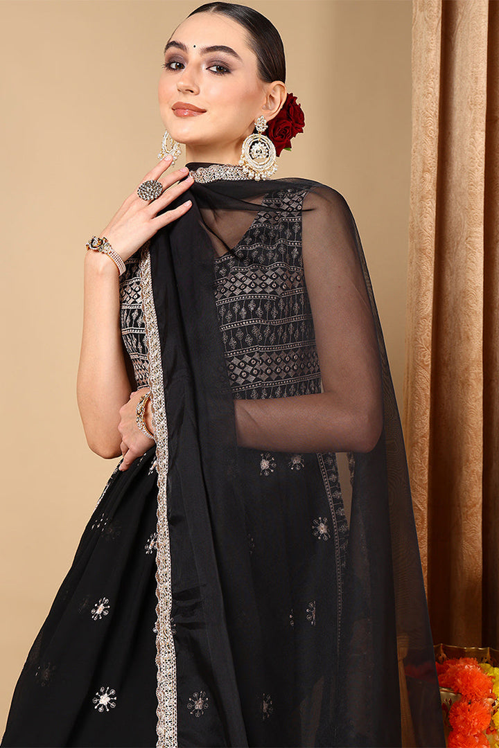 Black Poly Georgette Embroidered Straight Suit Set | SHOBITAM