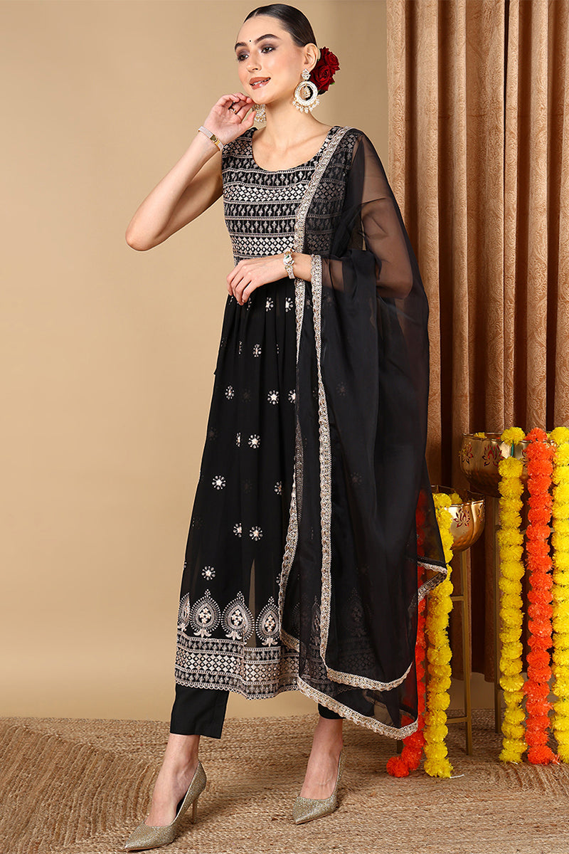 Black Poly Georgette Embroidered Straight Suit Set | SHOBITAM