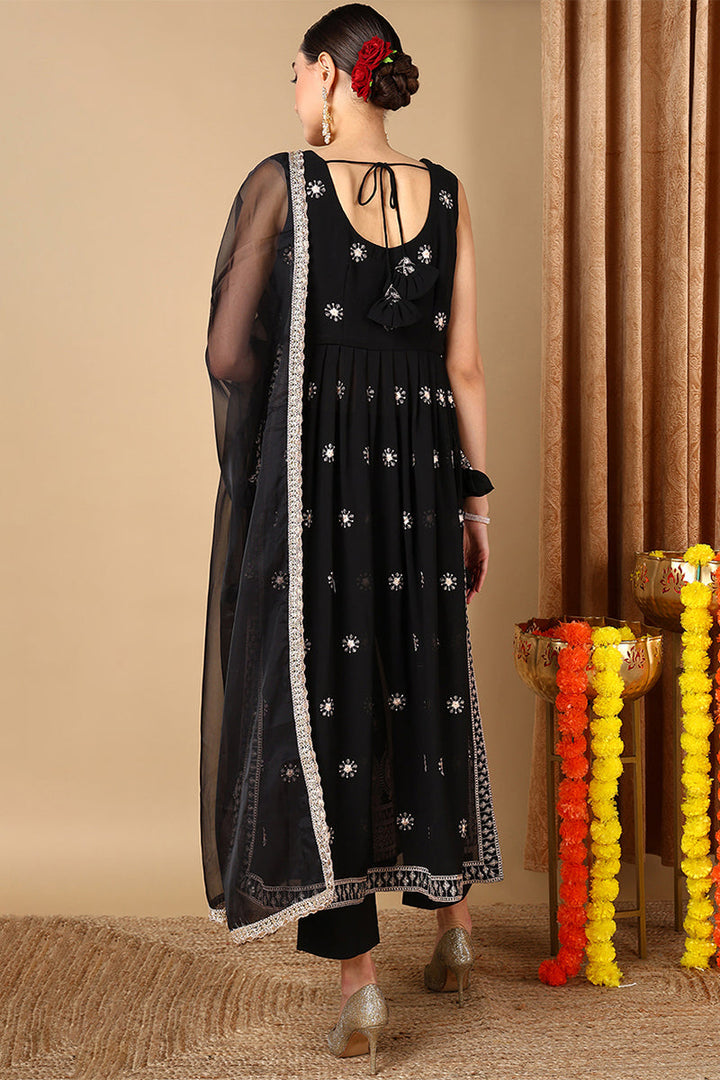 Black Poly Georgette Embroidered Straight Suit Set | SHOBITAM