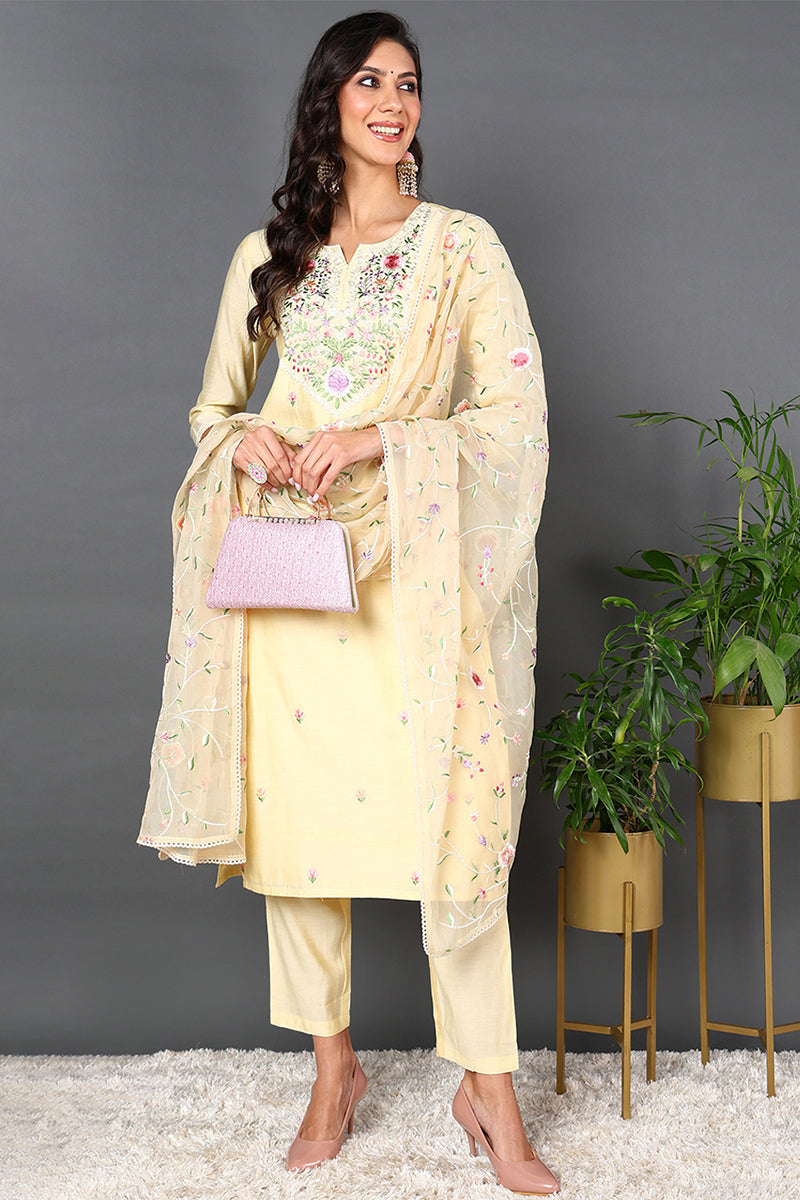 Yellow Silk Blend Solid Embroidered Straight Suit Set | SHOBITAM