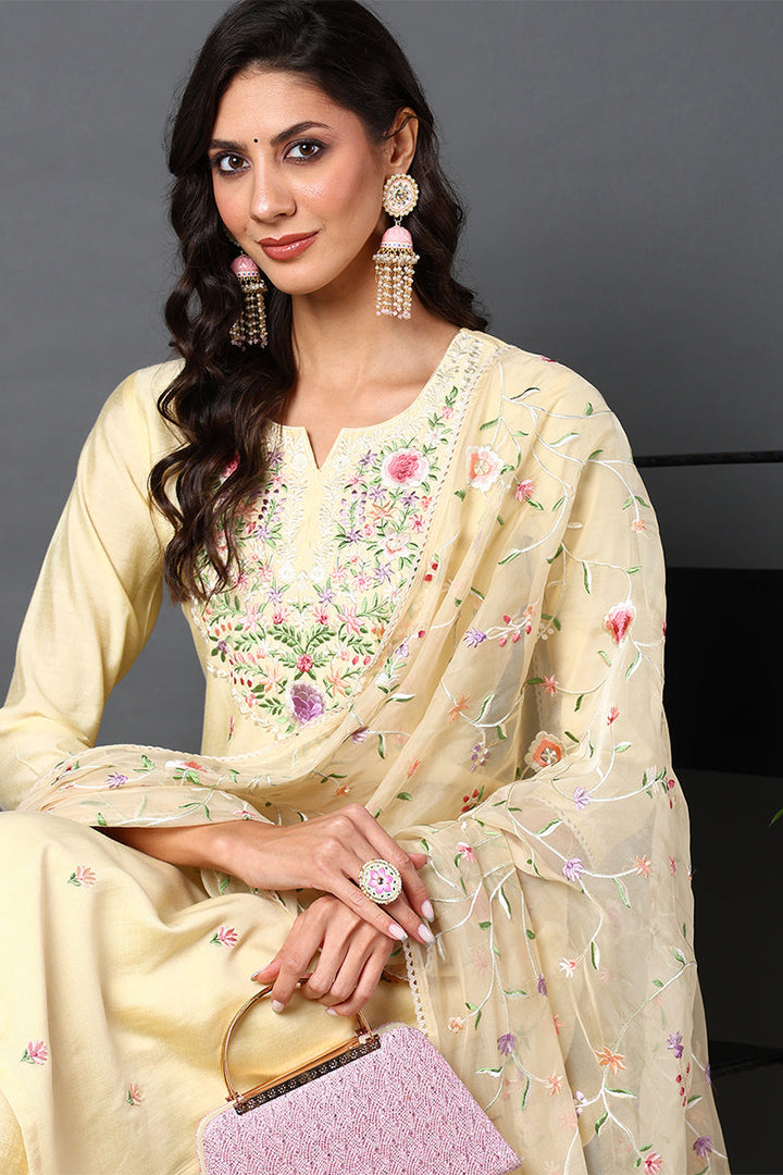 Yellow Silk Blend Solid Embroidered Straight Suit Set | SHOBITAM