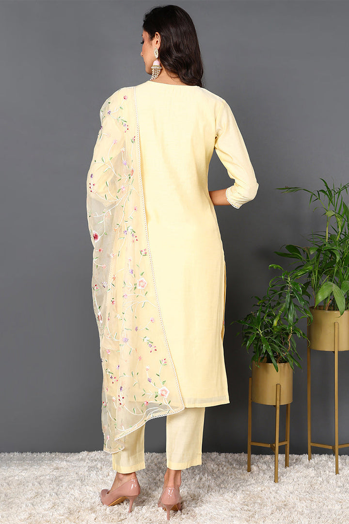 Yellow Silk Blend Solid Embroidered Straight Suit Set | SHOBITAM