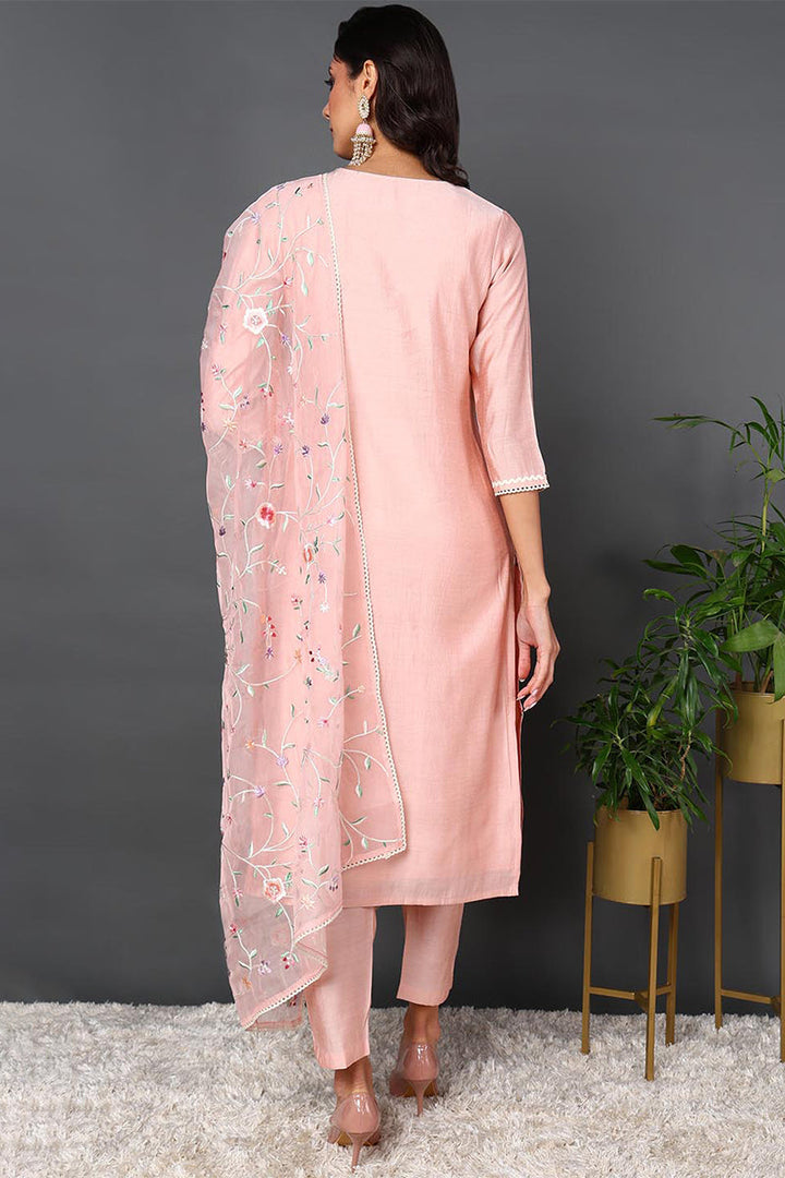 Pink Silk Blend Solid Embroidered Straight Suit Set | SHOBITAM