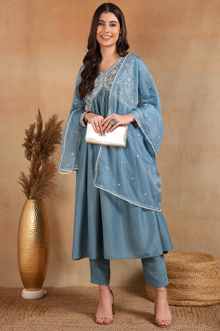 Blue Silk Blend Solid Embroidered Anarkali Suit Set | SHOBITAM