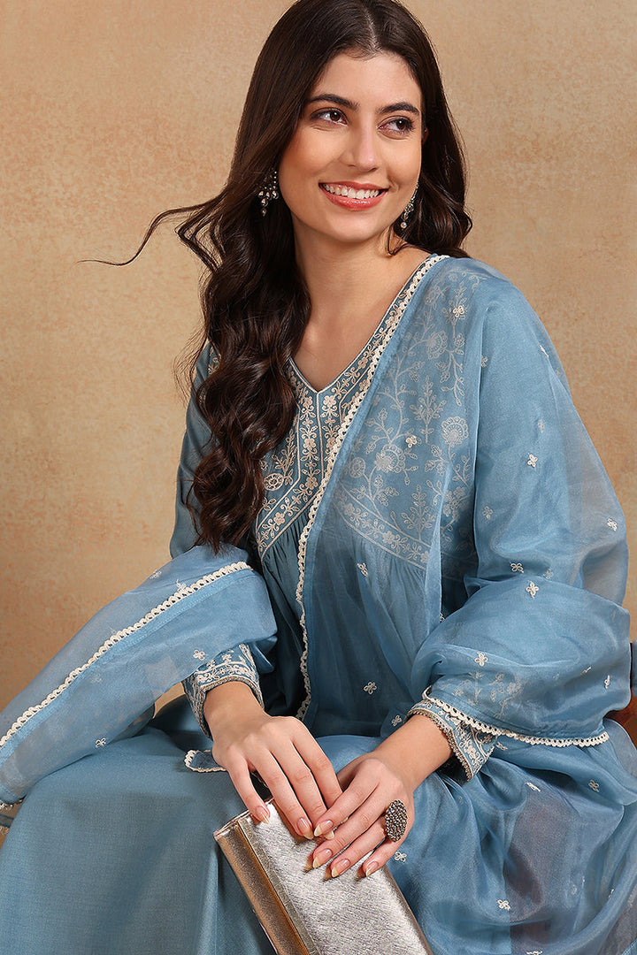 Blue Silk Blend Solid Embroidered Anarkali Suit Set | SHOBITAM