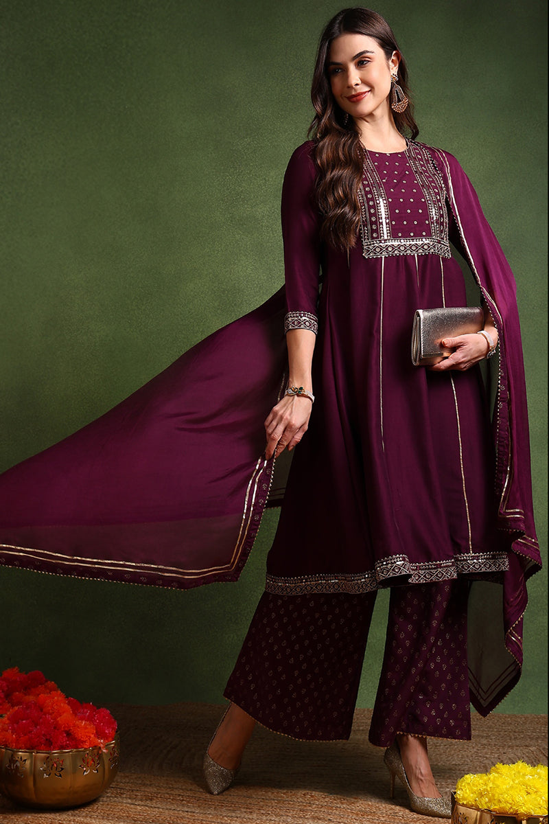 Purple Silk Blend Embroidered Anarkali Suit Set | SHOBITAM