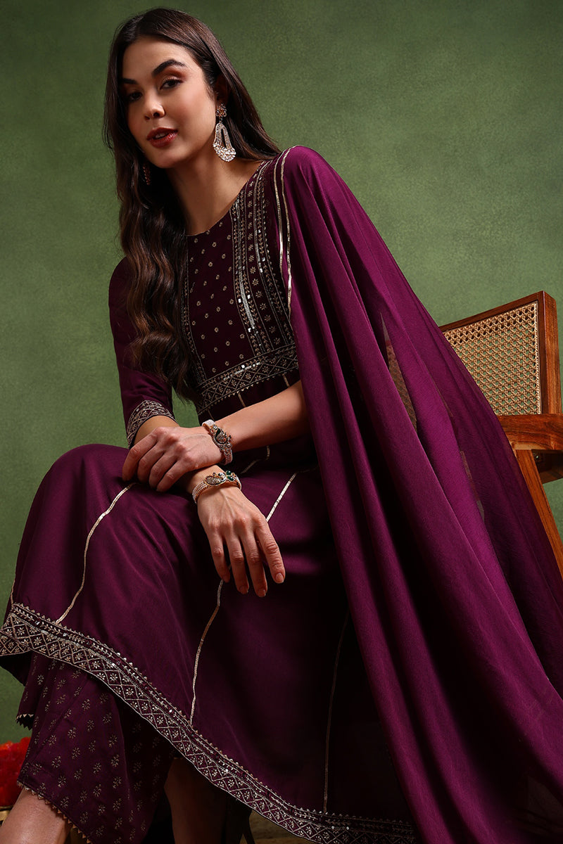 Purple Silk Blend Embroidered Anarkali Suit Set | SHOBITAM
