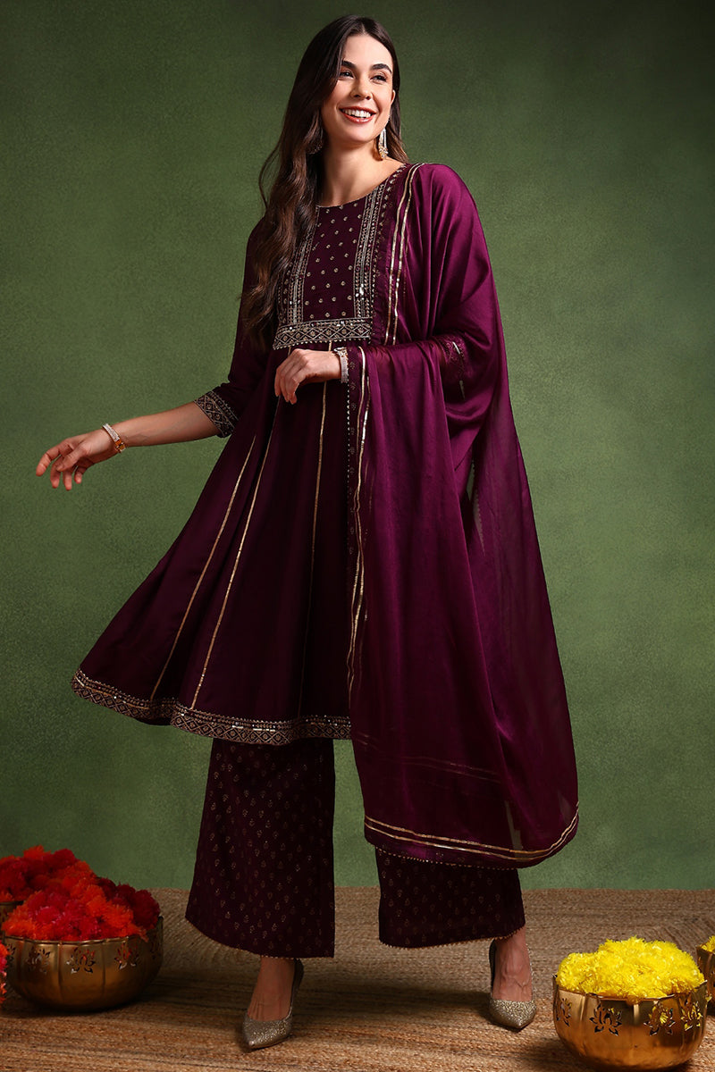 Purple Silk Blend Embroidered Anarkali Suit Set | SHOBITAM