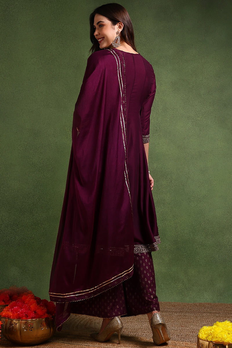 Purple Silk Blend Embroidered Anarkali Suit Set | SHOBITAM