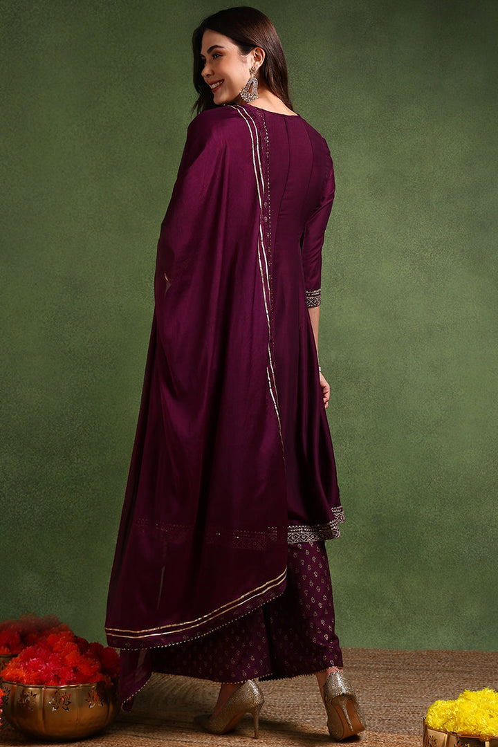 Purple Silk Blend Embroidered Anarkali Suit Set | SHOBITAM