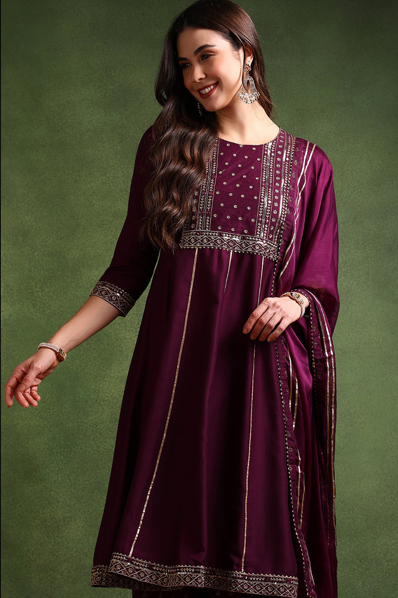 Purple Silk Blend Embroidered Anarkali Suit Set | SHOBITAM