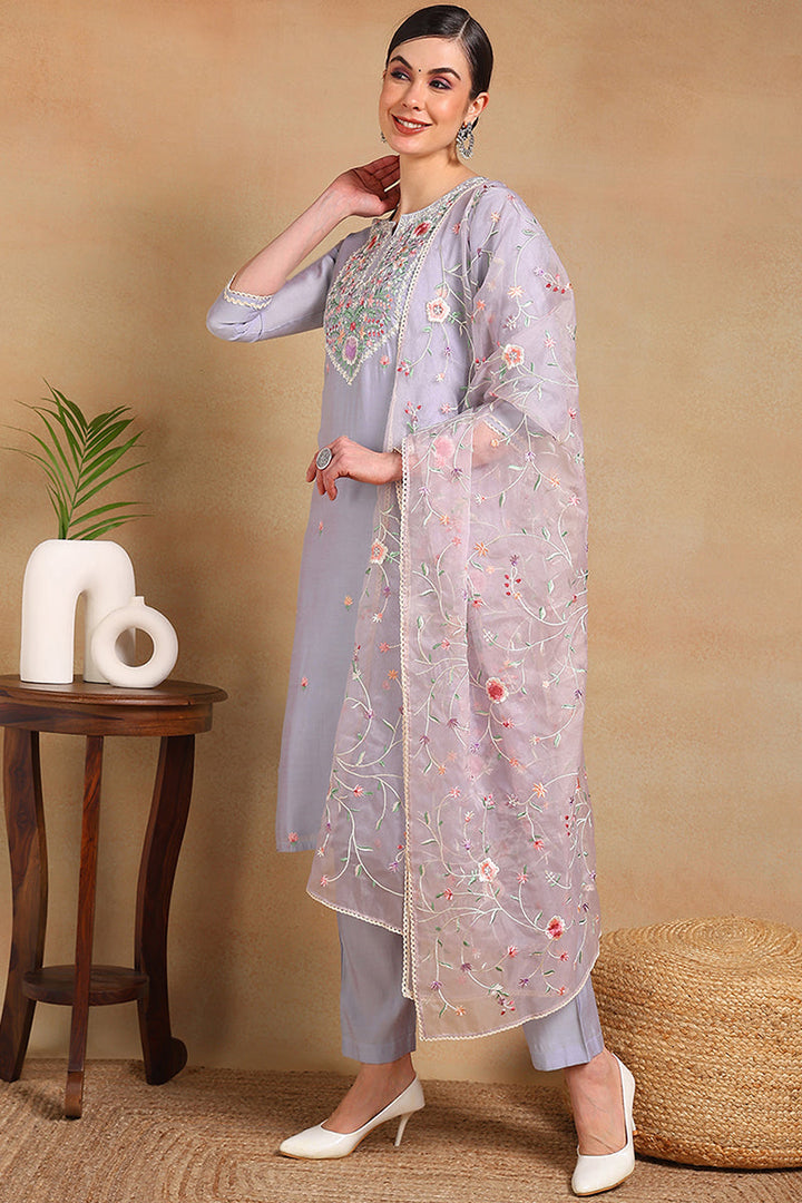 Purple Silk Blend Solid Embroidered Straight Regular Suit Set | SHOBITAM
