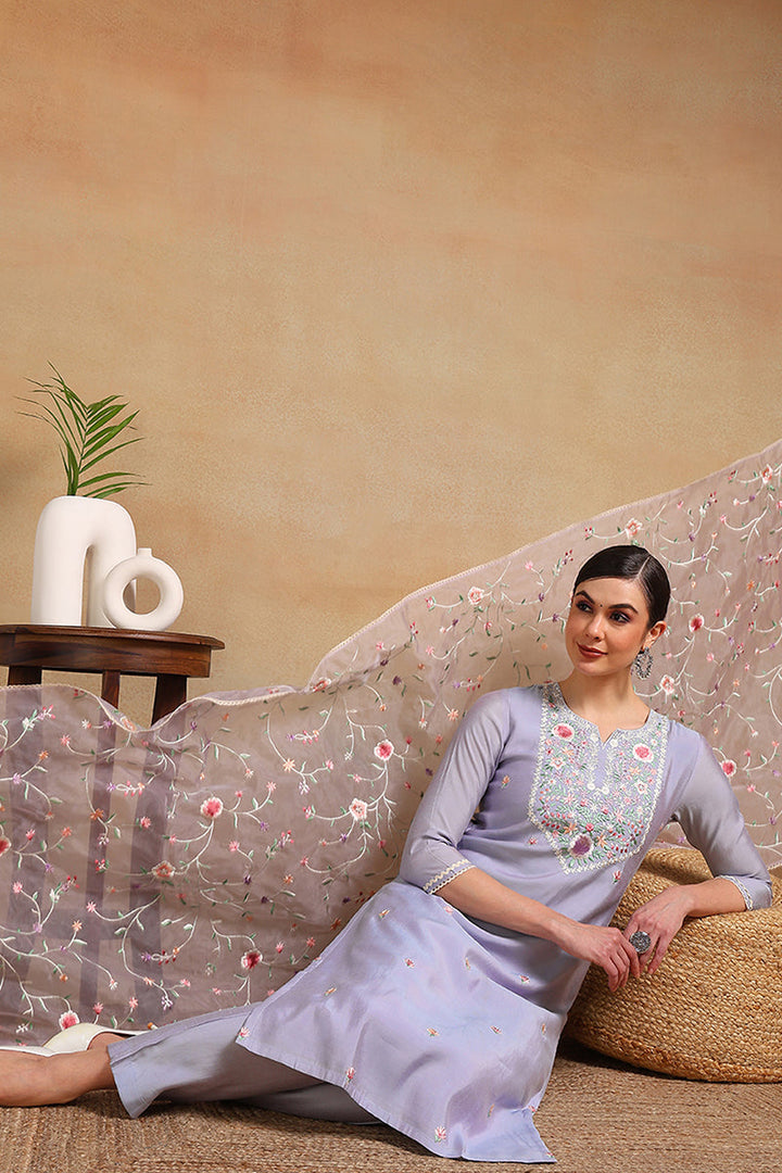 Purple Silk Blend Solid Embroidered Straight Regular Suit Set | SHOBITAM