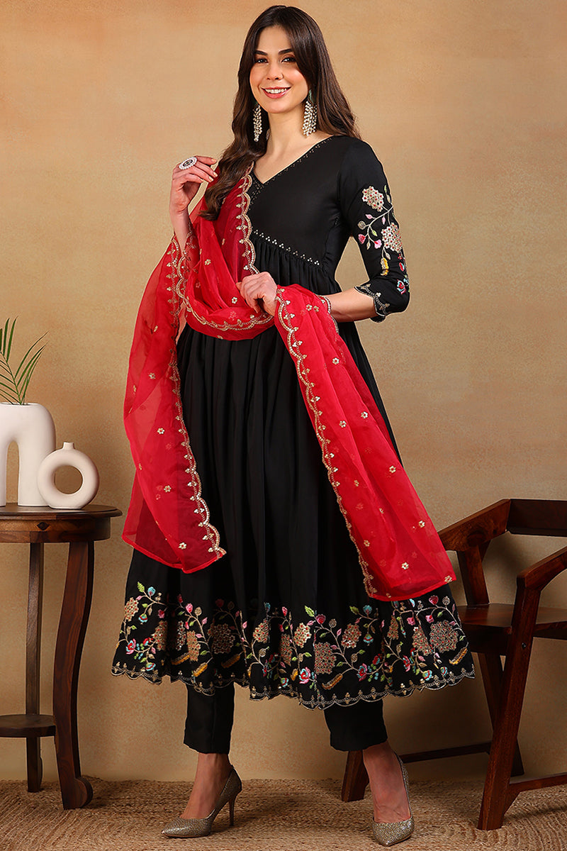 Black Silk Blend Solid Embroidered Flared Empire Suit Set | SHOBITAM