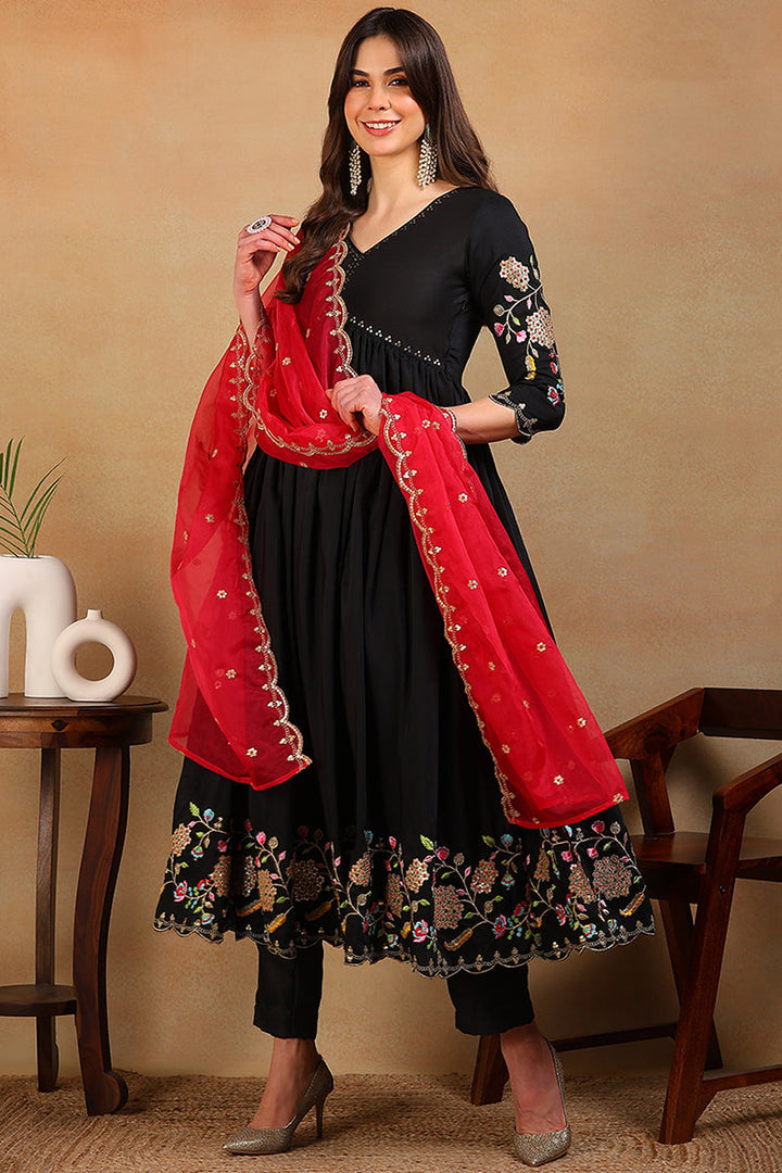Black Silk Blend Solid Embroidered Flared Empire Suit Set | SHOBITAM