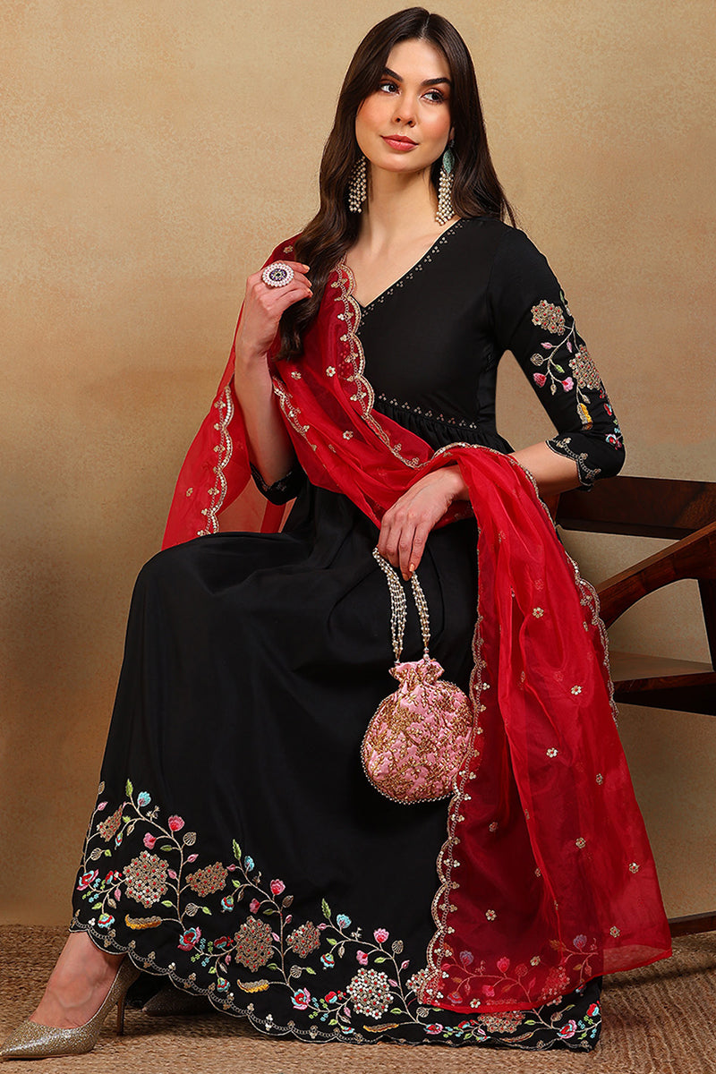 Black Silk Blend Solid Embroidered Flared Empire Suit Set | SHOBITAM