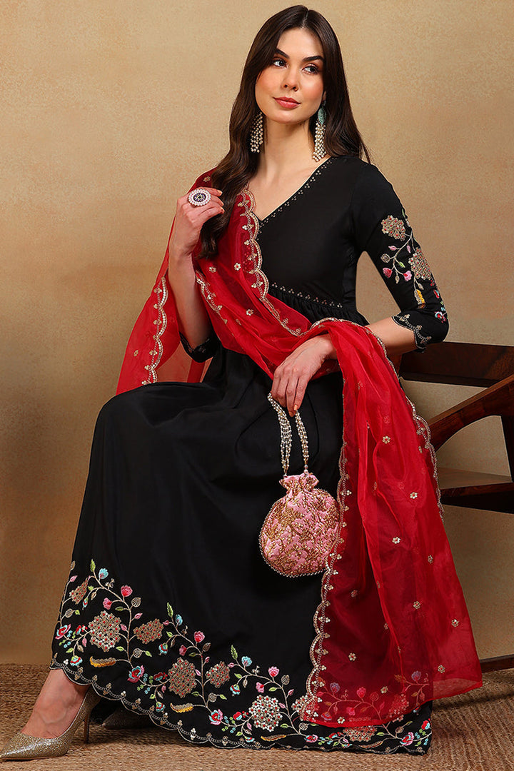Black Silk Blend Solid Embroidered Flared Empire Suit Set | SHOBITAM