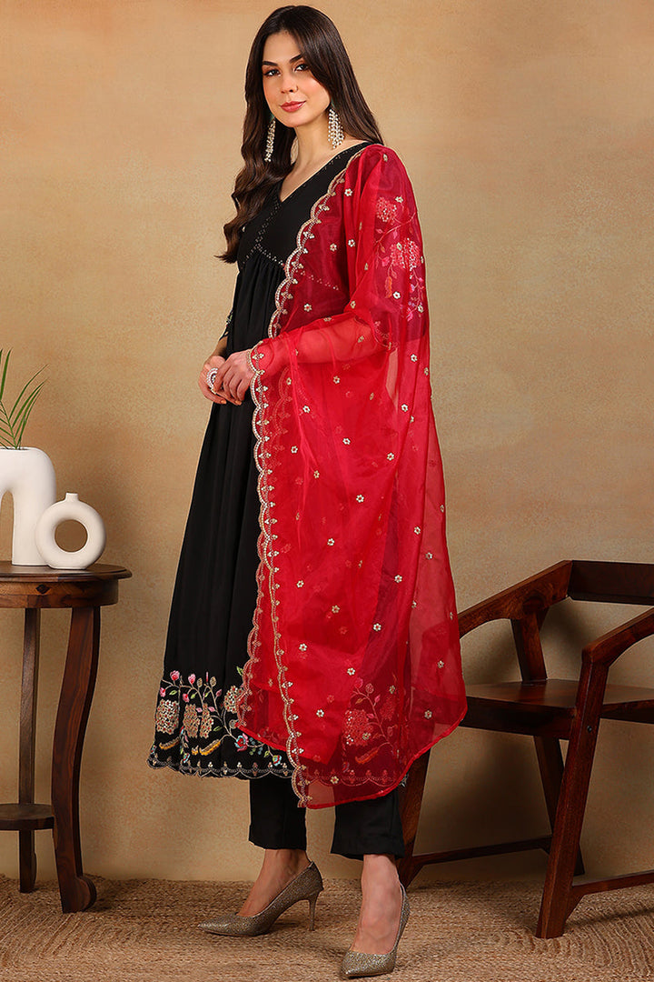 Black Silk Blend Solid Embroidered Flared Empire Suit Set | SHOBITAM