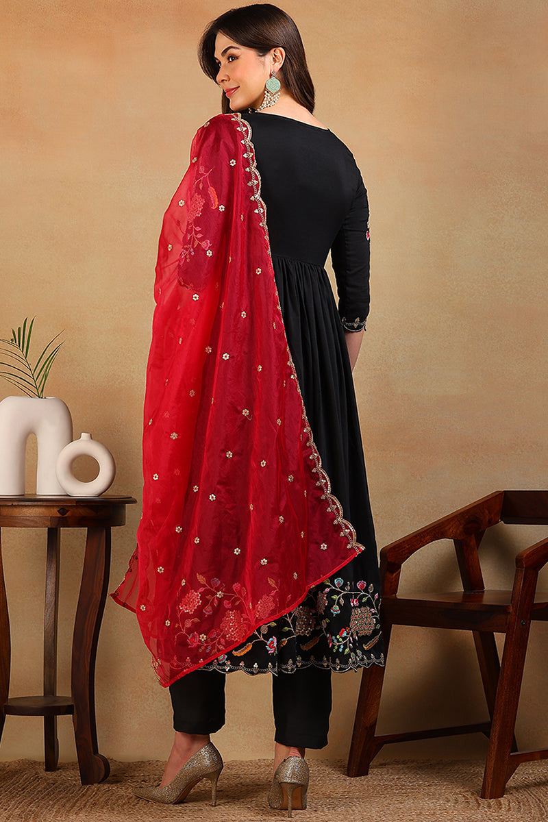 Black Silk Blend Solid Embroidered Flared Empire Suit Set | SHOBITAM